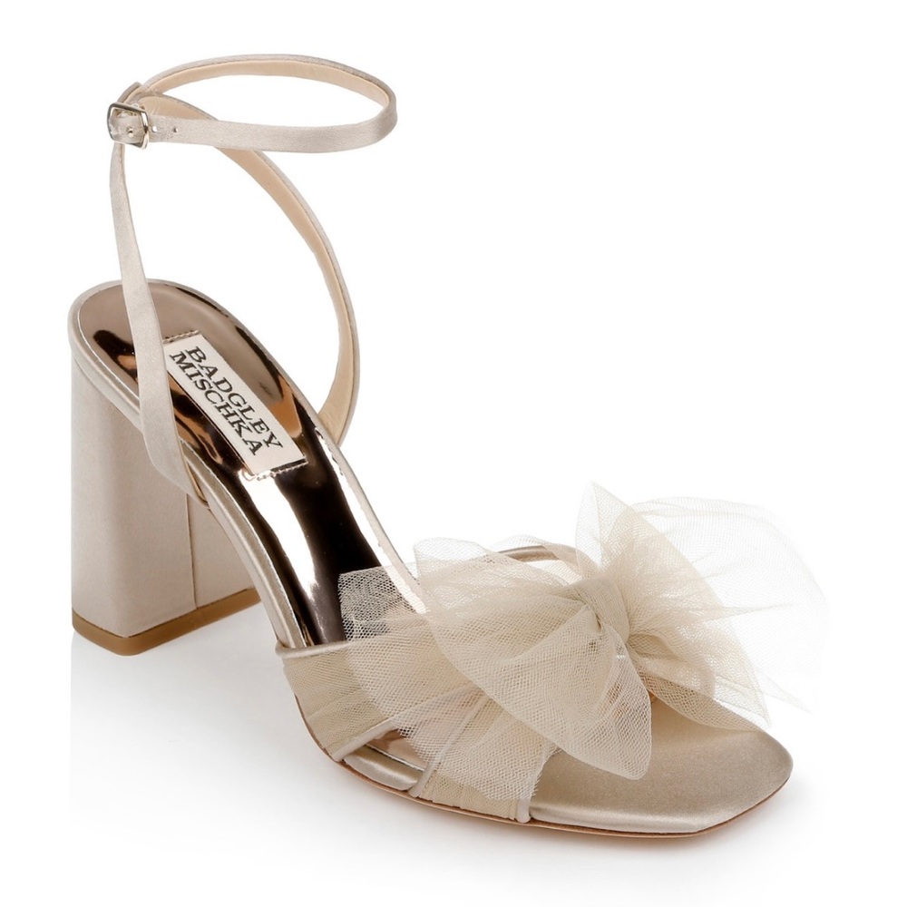 Badgley Mischka Tess Block Heel with Poof in Pearl Nude